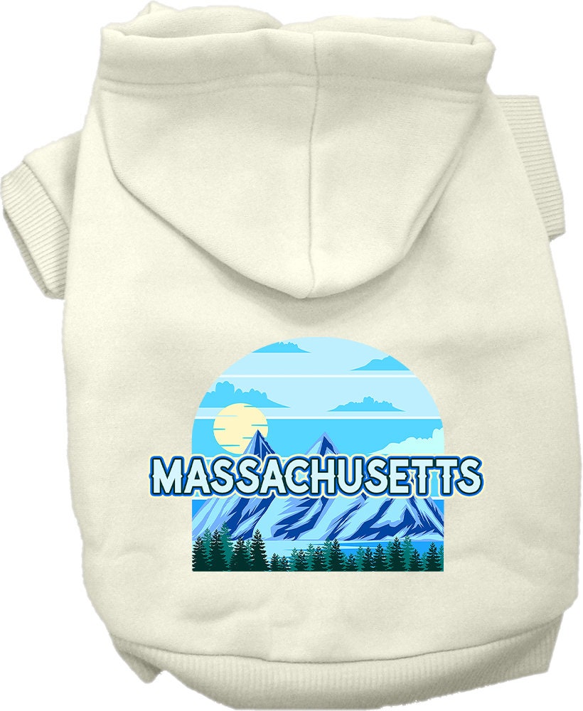 A small to medium pet wearing a cozy Massachusetts Trailblazer hoodie, showcasing its stylish design and convenient leash access hole.