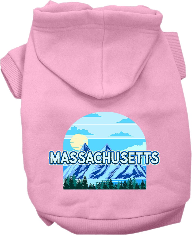 A small to medium pet wearing a cozy Massachusetts Trailblazer hoodie, showcasing its stylish design and convenient leash access hole.