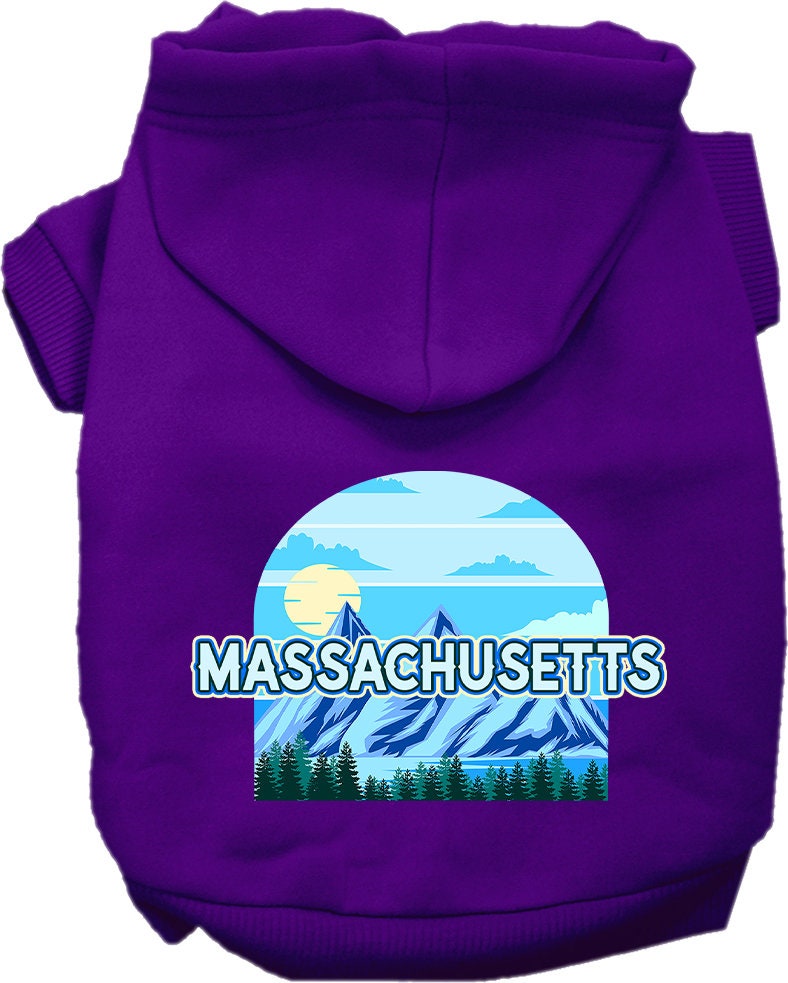 A small to medium pet wearing a cozy Massachusetts Trailblazer hoodie, showcasing its stylish design and convenient leash access hole.