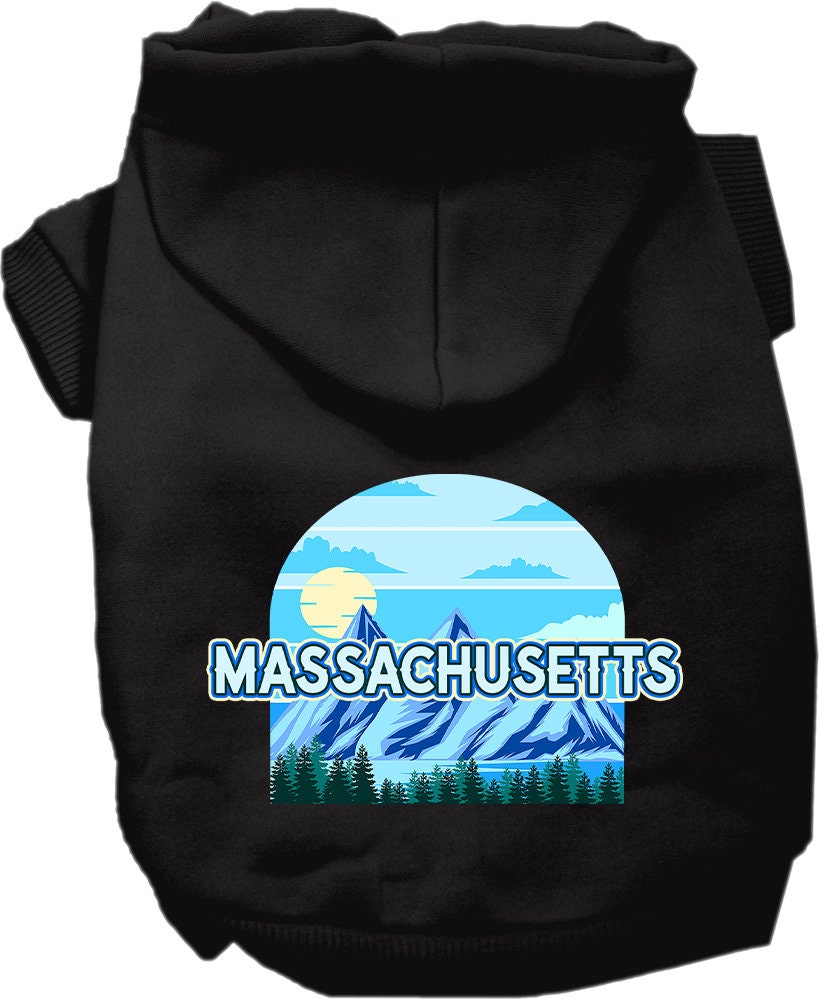 A small to medium pet wearing a cozy Massachusetts Trailblazer hoodie, showcasing its stylish design and convenient leash access hole.