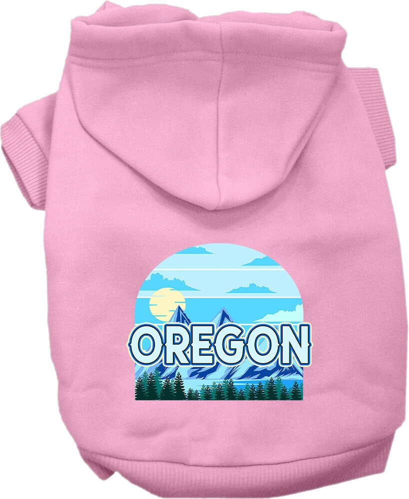 A small to medium pet wearing a cozy Oregon Trailblazer hoodie, showcasing its soft fabric and stylish design.