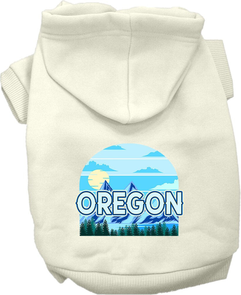 A small to medium pet wearing a cozy Oregon Trailblazer hoodie, showcasing its soft fabric and stylish design.