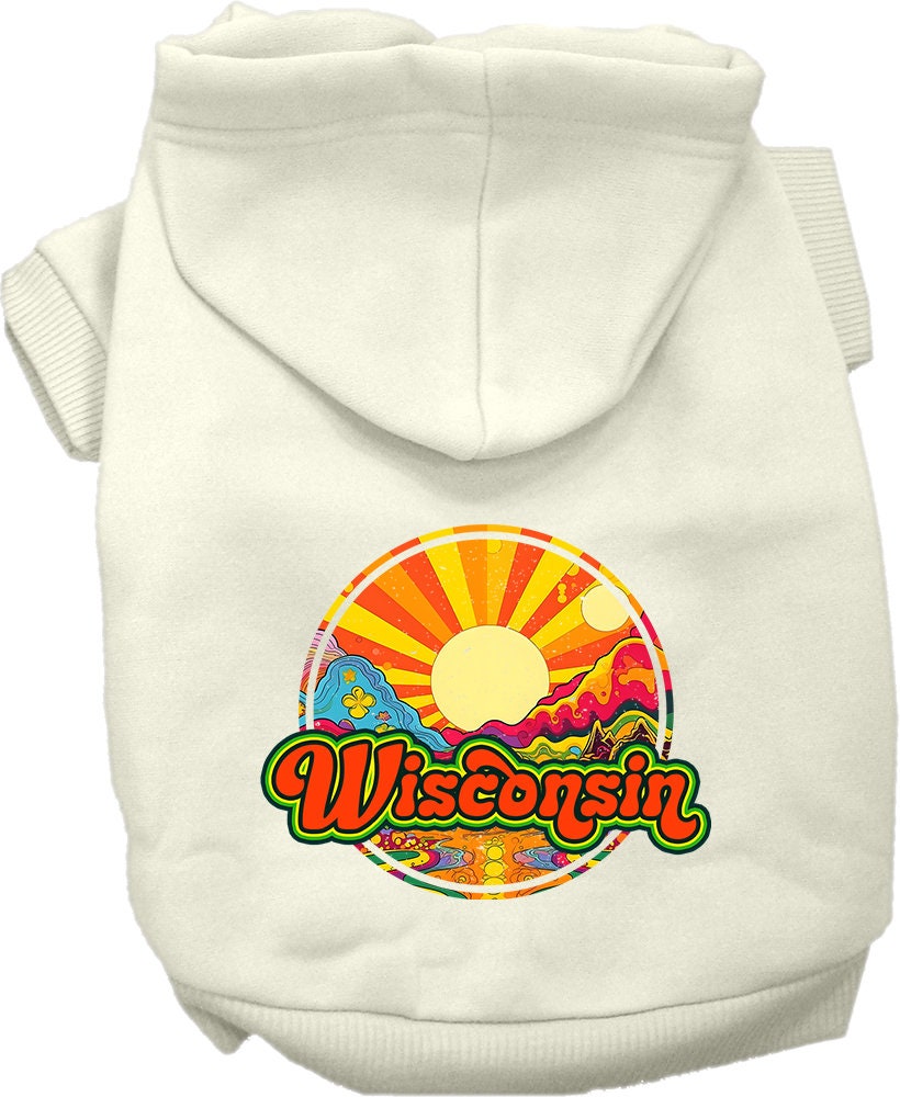 A cozy screen printed hoodie for small to medium pets, featuring a Wisconsin Mellow Mountain design, perfect for dogs and cats.