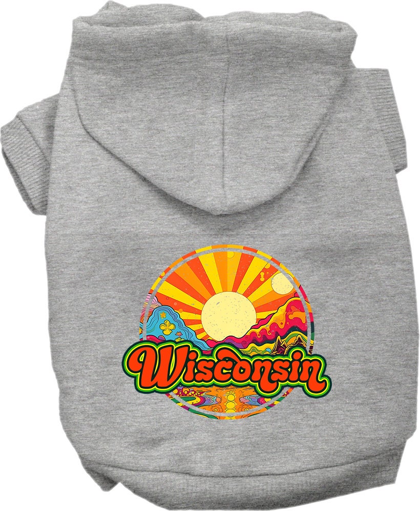 A cozy screen printed hoodie for small to medium pets, featuring a Wisconsin Mellow Mountain design, perfect for dogs and cats.