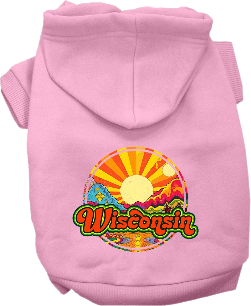 A cozy screen printed hoodie for small to medium pets, featuring a Wisconsin Mellow Mountain design, perfect for dogs and cats.