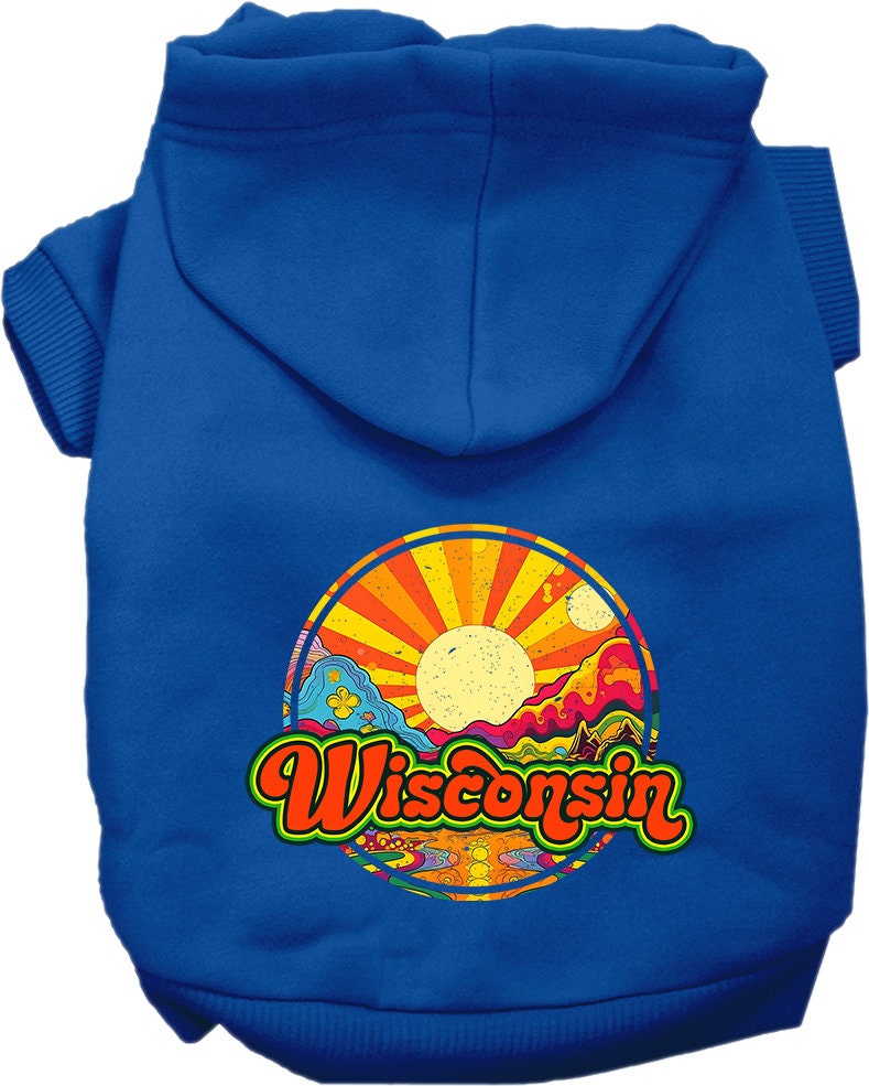 A cozy screen printed hoodie for small to medium pets, featuring a Wisconsin Mellow Mountain design, perfect for dogs and cats.