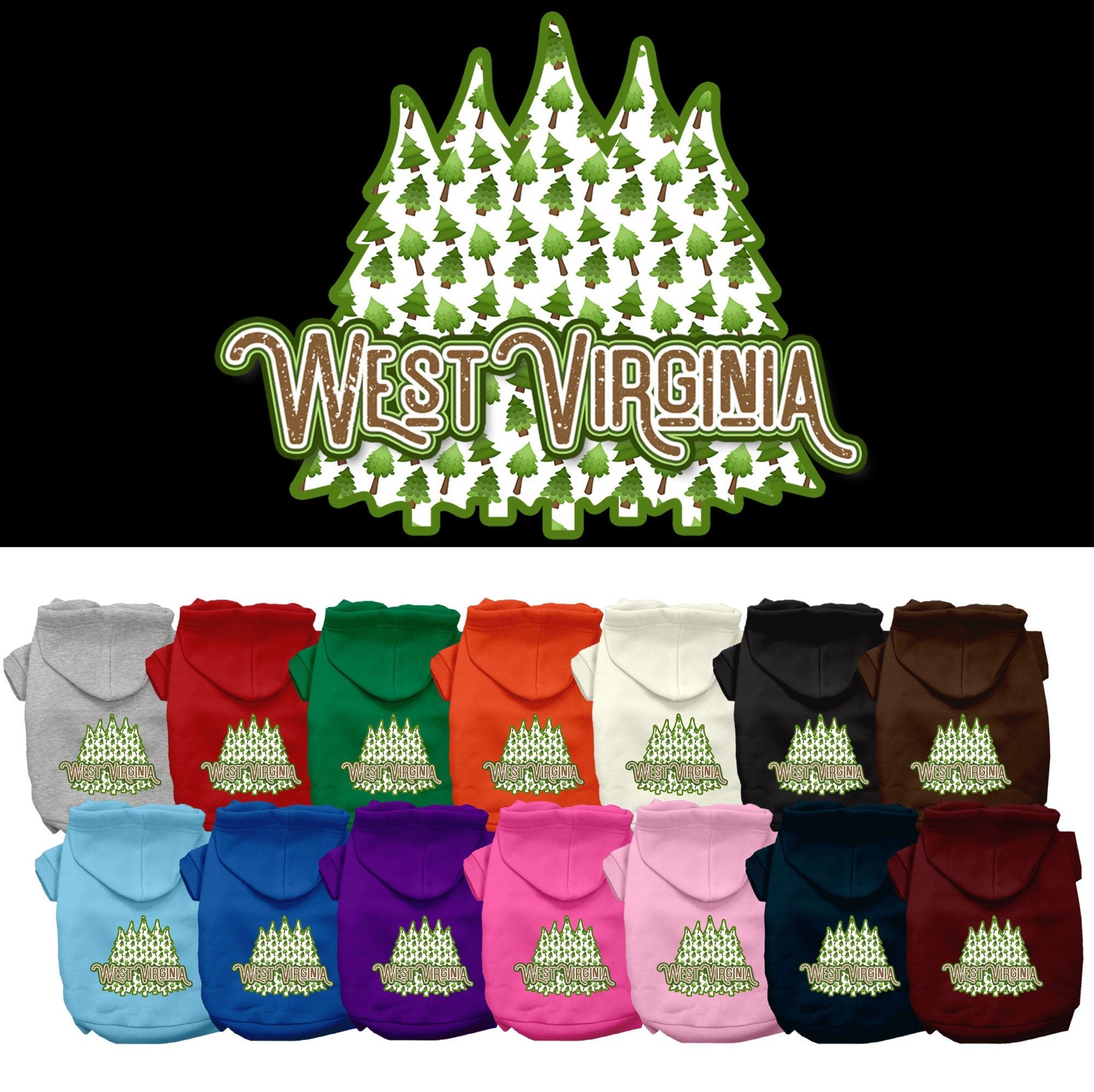 A cozy screen printed hoodie for small to medium pets featuring a West Virginia Woodland Trees design, perfect for dogs and cats.