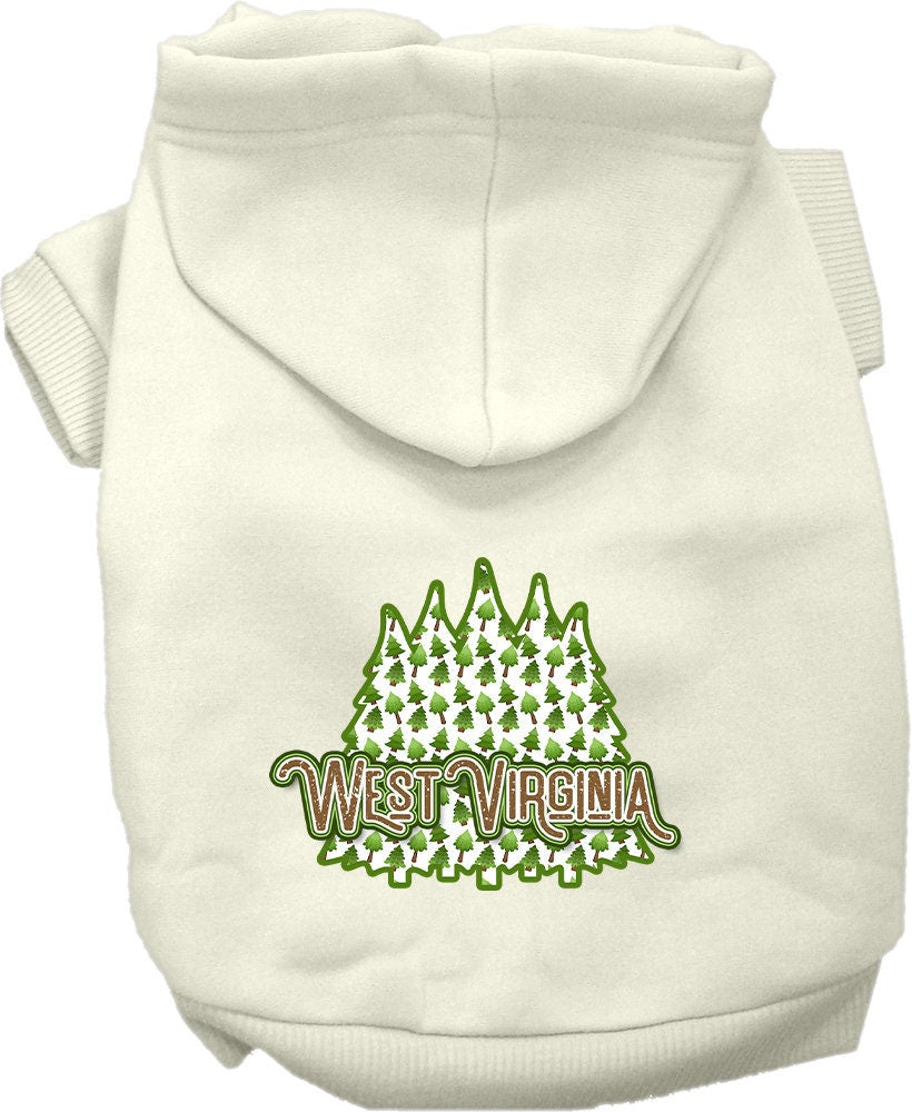 A cozy screen printed hoodie for small to medium pets featuring a West Virginia Woodland Trees design, perfect for dogs and cats.