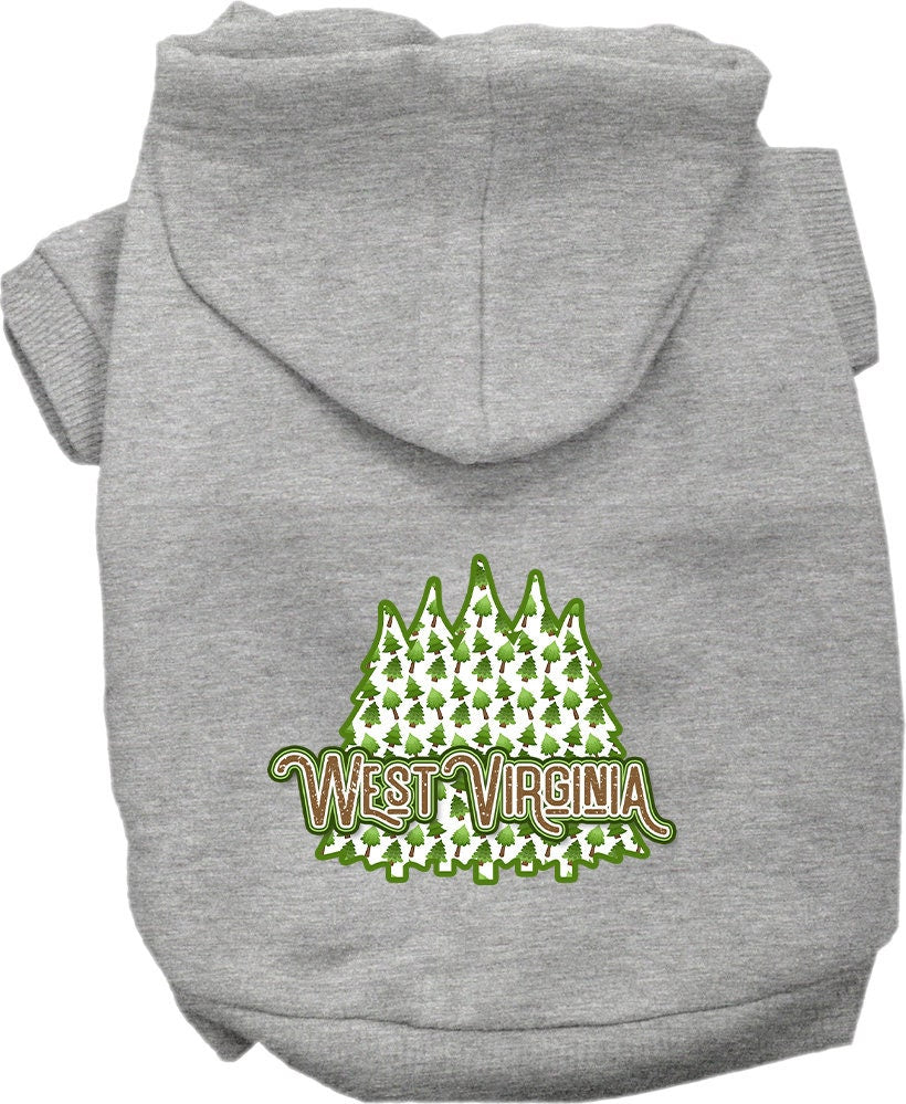A cozy screen printed hoodie for small to medium pets featuring a West Virginia Woodland Trees design, perfect for dogs and cats.