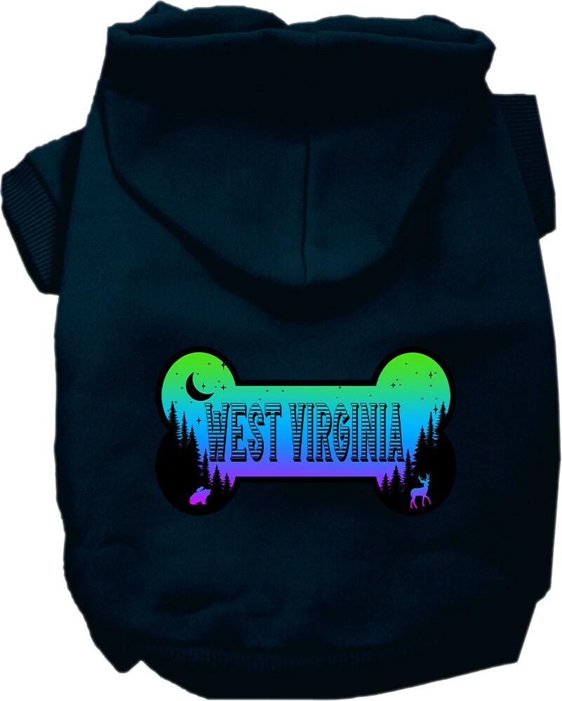 A cozy screen printed hoodie for small to medium pets, featuring a unique 'West Virginia Mountain Shades' design, perfect for dogs and cats.
