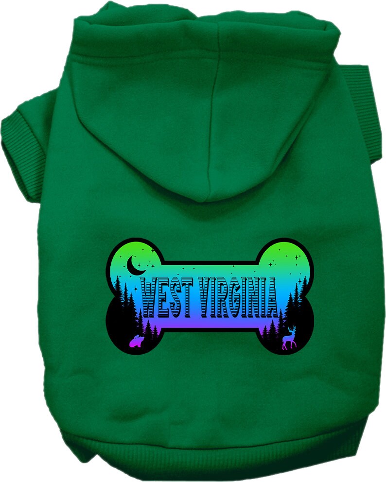 A cozy screen printed hoodie for small to medium pets, featuring a unique 'West Virginia Mountain Shades' design, perfect for dogs and cats.