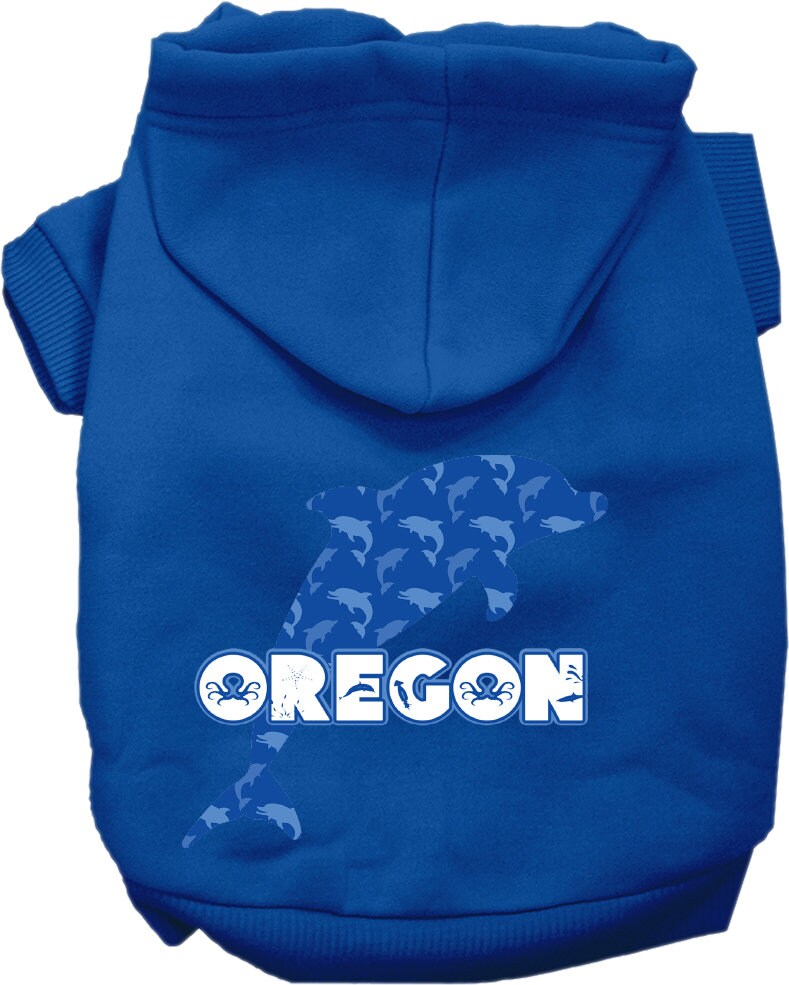 A cozy screen printed hoodie for small to medium pets featuring Oregon Blue Dolphins design, perfect for dogs and cats.