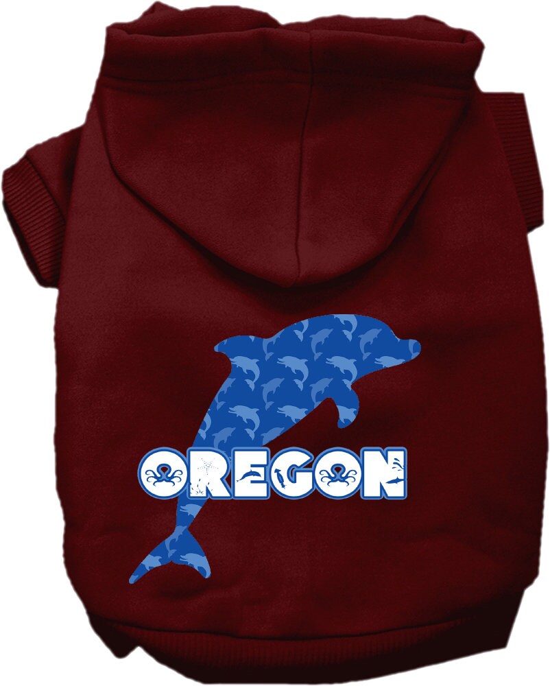 A cozy screen printed hoodie for small to medium pets featuring Oregon Blue Dolphins design, perfect for dogs and cats.