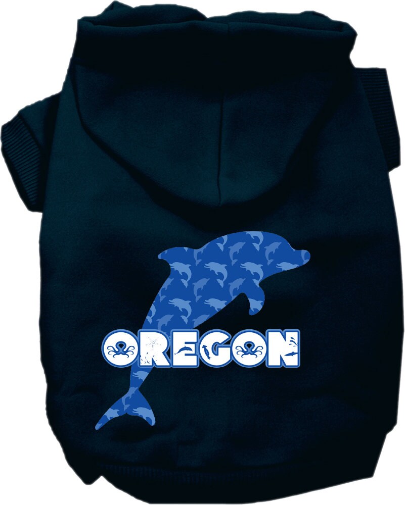 A cozy screen printed hoodie for small to medium pets featuring Oregon Blue Dolphins design, perfect for dogs and cats.