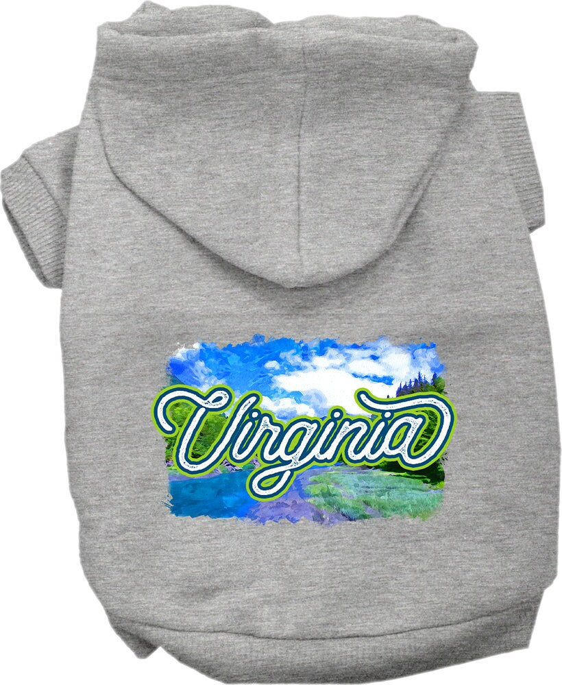 A cozy screen printed hoodie for small to medium pets, featuring a vibrant 'Virginia Summer' design, perfect for dogs and cats.
