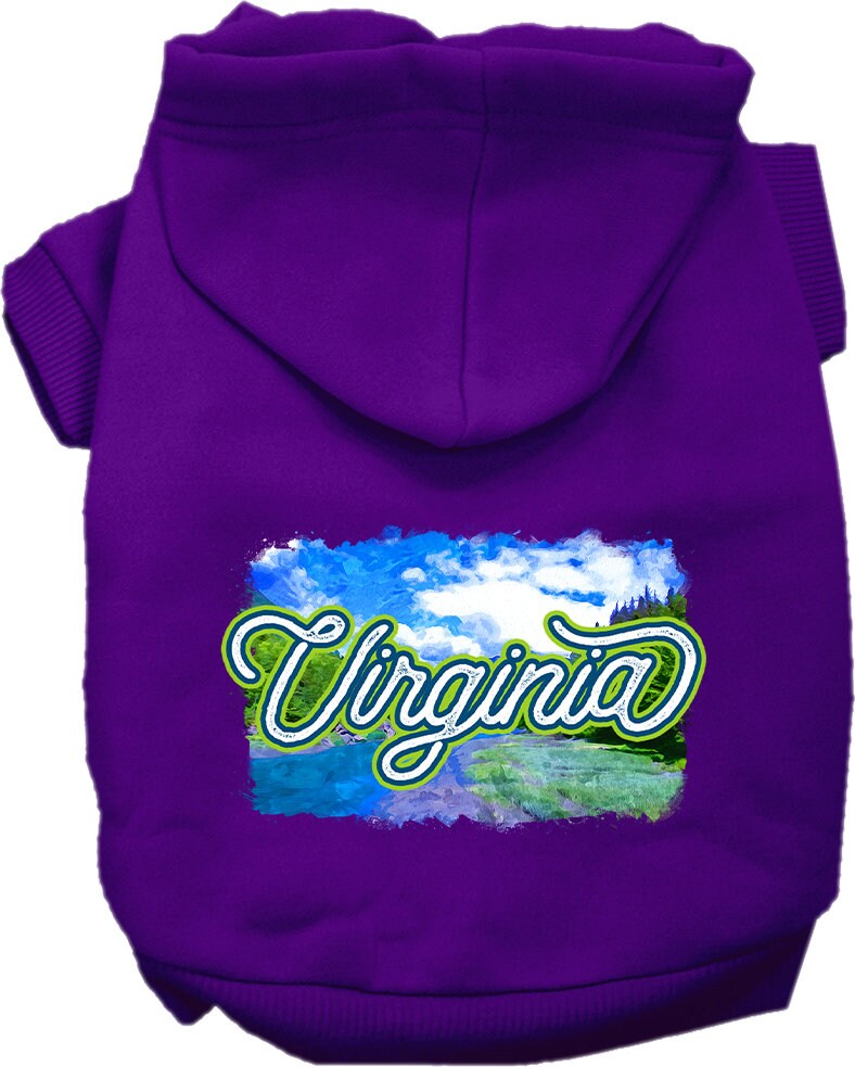 A cozy screen printed hoodie for small to medium pets, featuring a vibrant 'Virginia Summer' design, perfect for dogs and cats.
