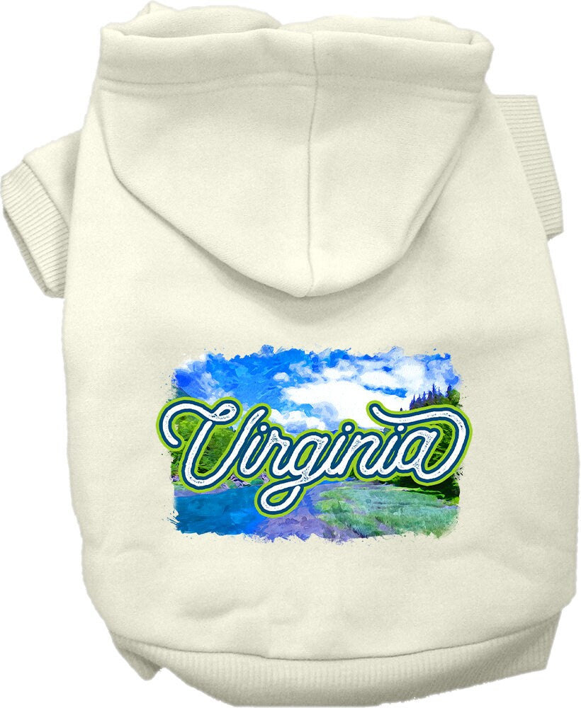 A cozy screen printed hoodie for small to medium pets, featuring a vibrant 'Virginia Summer' design, perfect for dogs and cats.