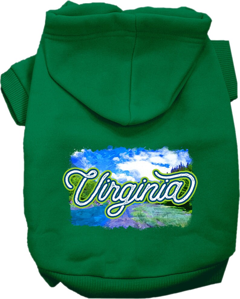 A cozy screen printed hoodie for small to medium pets, featuring a vibrant 'Virginia Summer' design, perfect for dogs and cats.