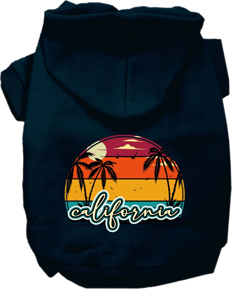 A small to medium pet wearing a California Retro Beach Sunset hoodie, showcasing vibrant colors and a stylish design.