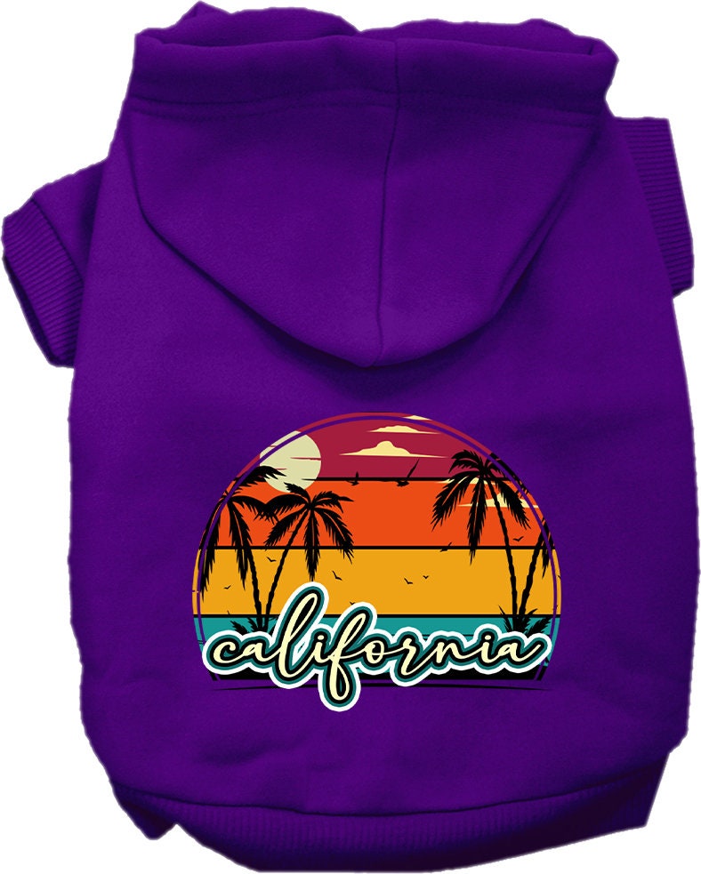 A small to medium pet wearing a California Retro Beach Sunset hoodie, showcasing vibrant colors and a stylish design.