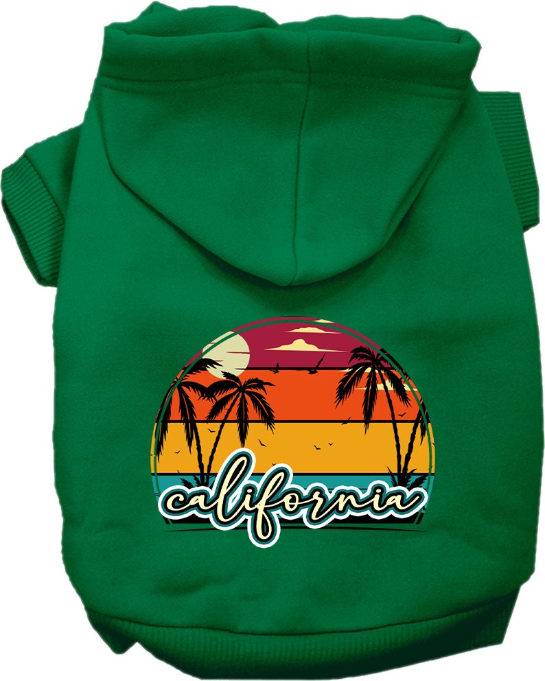 A small to medium pet wearing a California Retro Beach Sunset hoodie, showcasing vibrant colors and a stylish design.