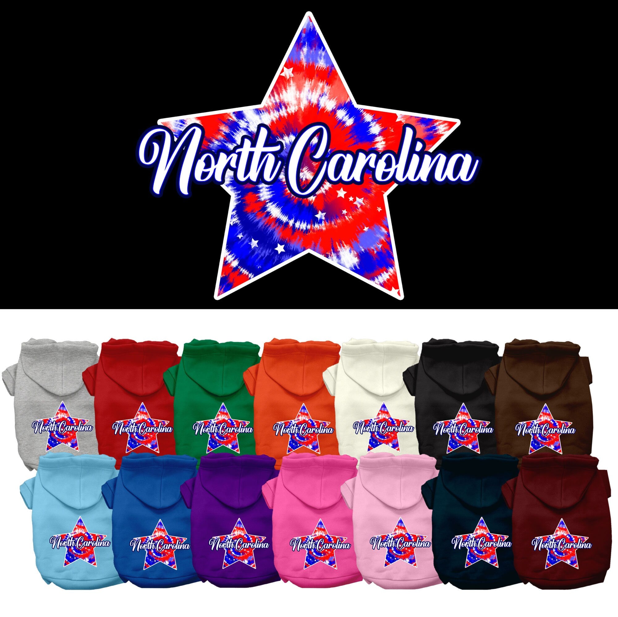 A small to medium pet wearing a colorful North Carolina Patriotic Tie Dye hoodie, showcasing its soft fabric and convenient leash access hole.