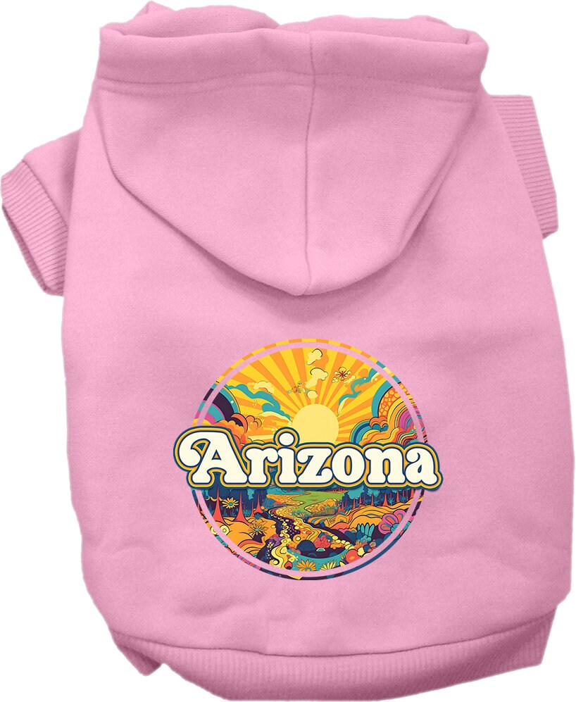 A small to medium pet wearing a soft, warm hoodie with a unique 'Arizona Trippy Peaks' design, showcasing its stylish and durable features.