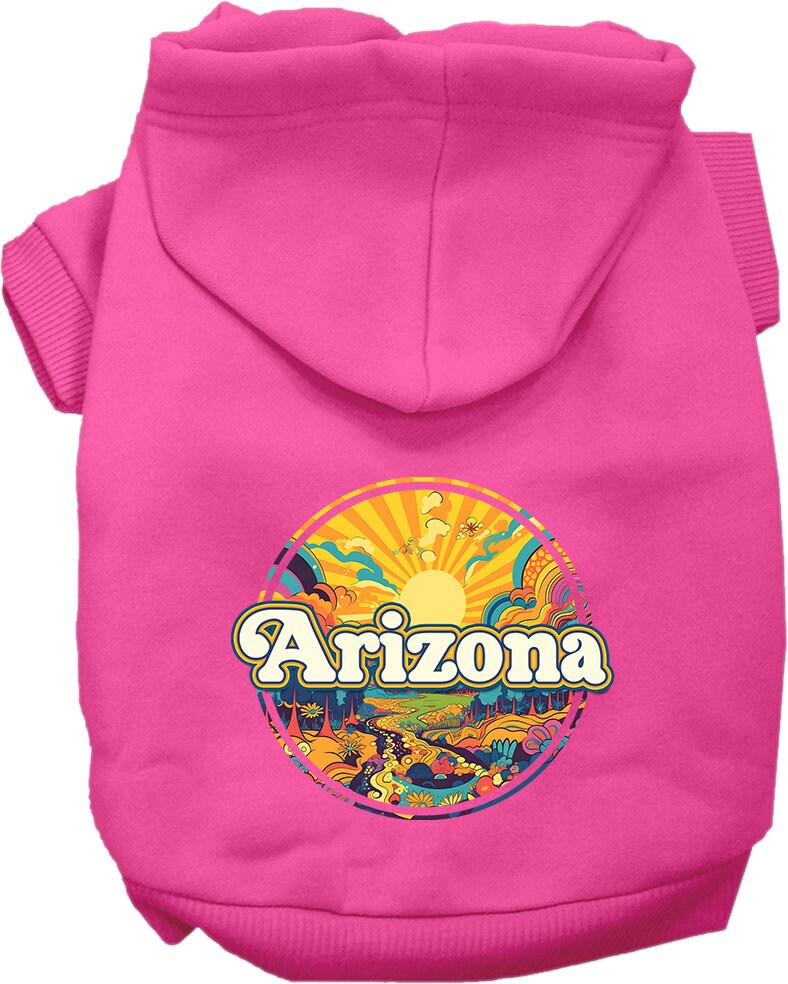 A small to medium pet wearing a soft, warm hoodie with a unique 'Arizona Trippy Peaks' design, showcasing its stylish and durable features.