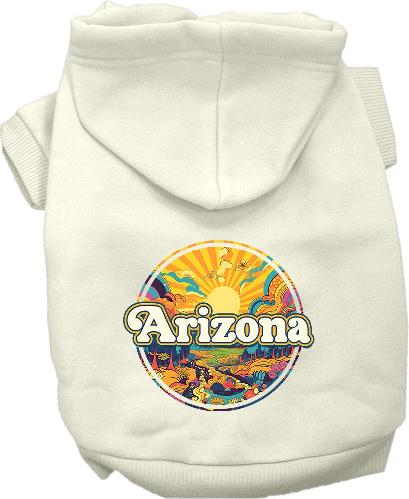 A small to medium pet wearing a soft, warm hoodie with a unique 'Arizona Trippy Peaks' design, showcasing its stylish and durable features.