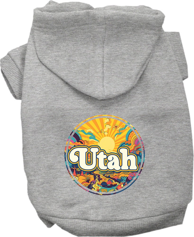 A cozy screen printed hoodie for small to medium pets, featuring a colorful 'Utah Trippy Peaks' design, perfect for chilly weather.