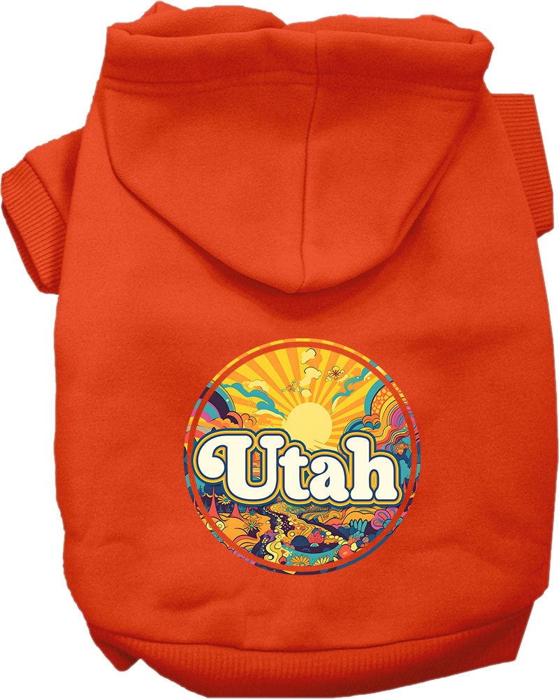 A cozy screen printed hoodie for small to medium pets, featuring a colorful 'Utah Trippy Peaks' design, perfect for chilly weather.