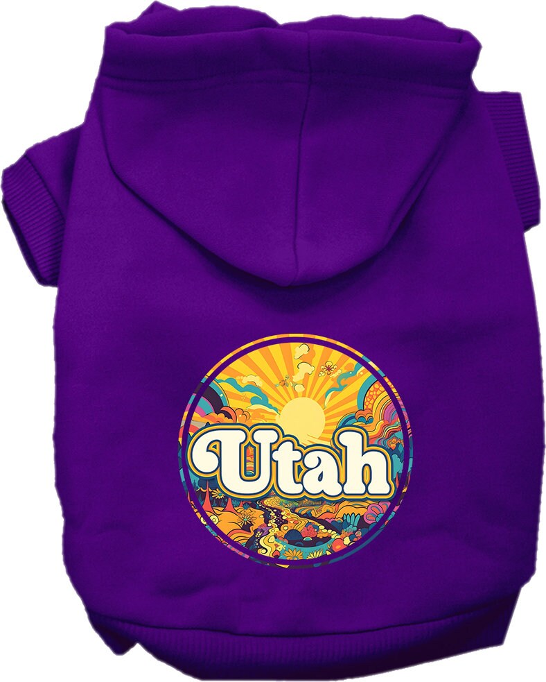A cozy screen printed hoodie for small to medium pets, featuring a colorful 'Utah Trippy Peaks' design, perfect for chilly weather.