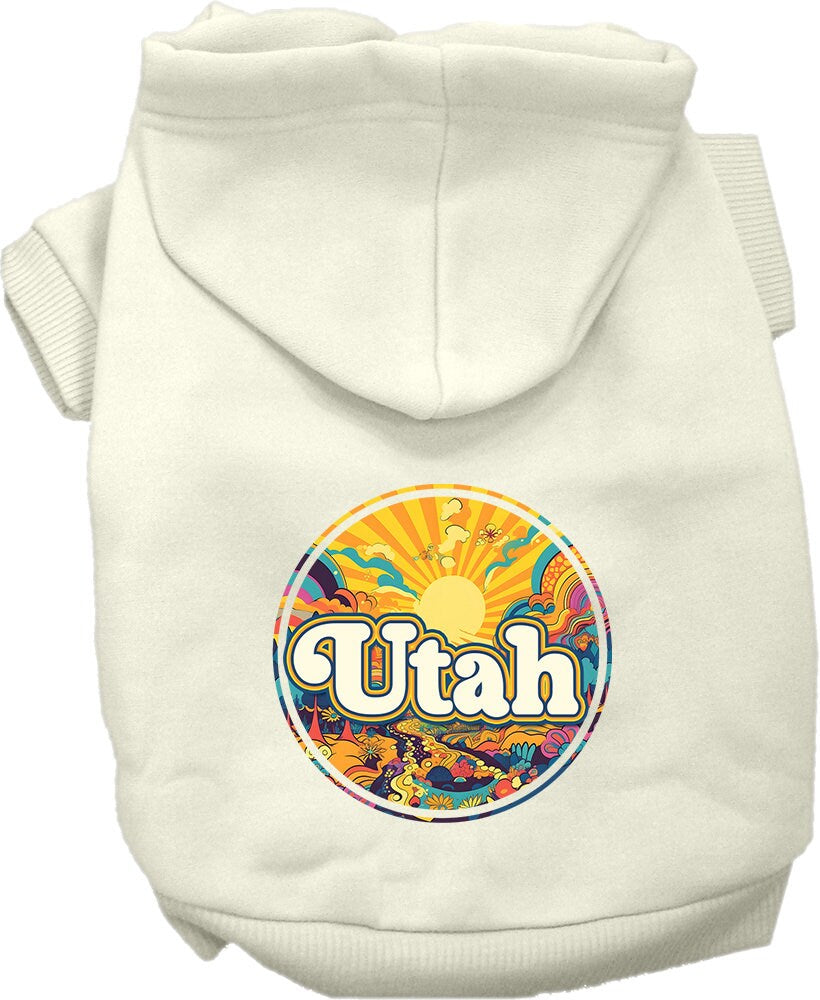 A cozy screen printed hoodie for small to medium pets, featuring a colorful 'Utah Trippy Peaks' design, perfect for chilly weather.