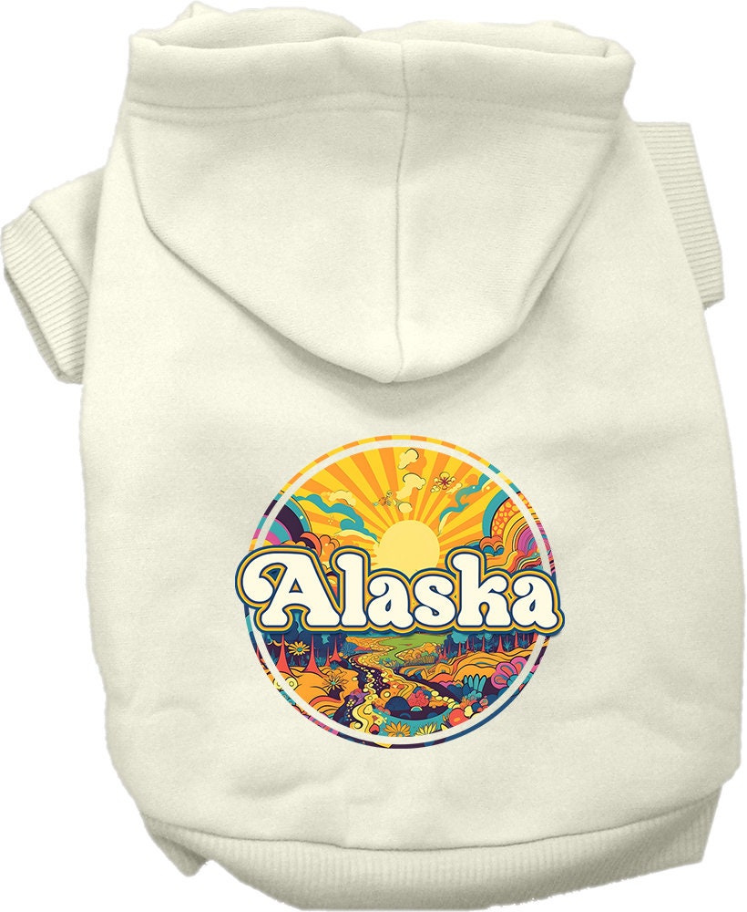 A small to medium pet wearing a stylish screen printed hoodie with an 'Alaska Trippy Peaks' design, showcasing comfort and warmth.