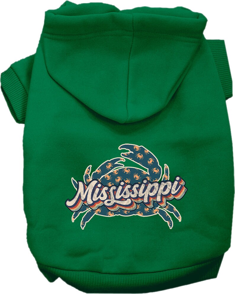 A cozy screen printed hoodie for small to medium pets featuring a Mississippi Retro Crabs design, perfect for dogs and cats.