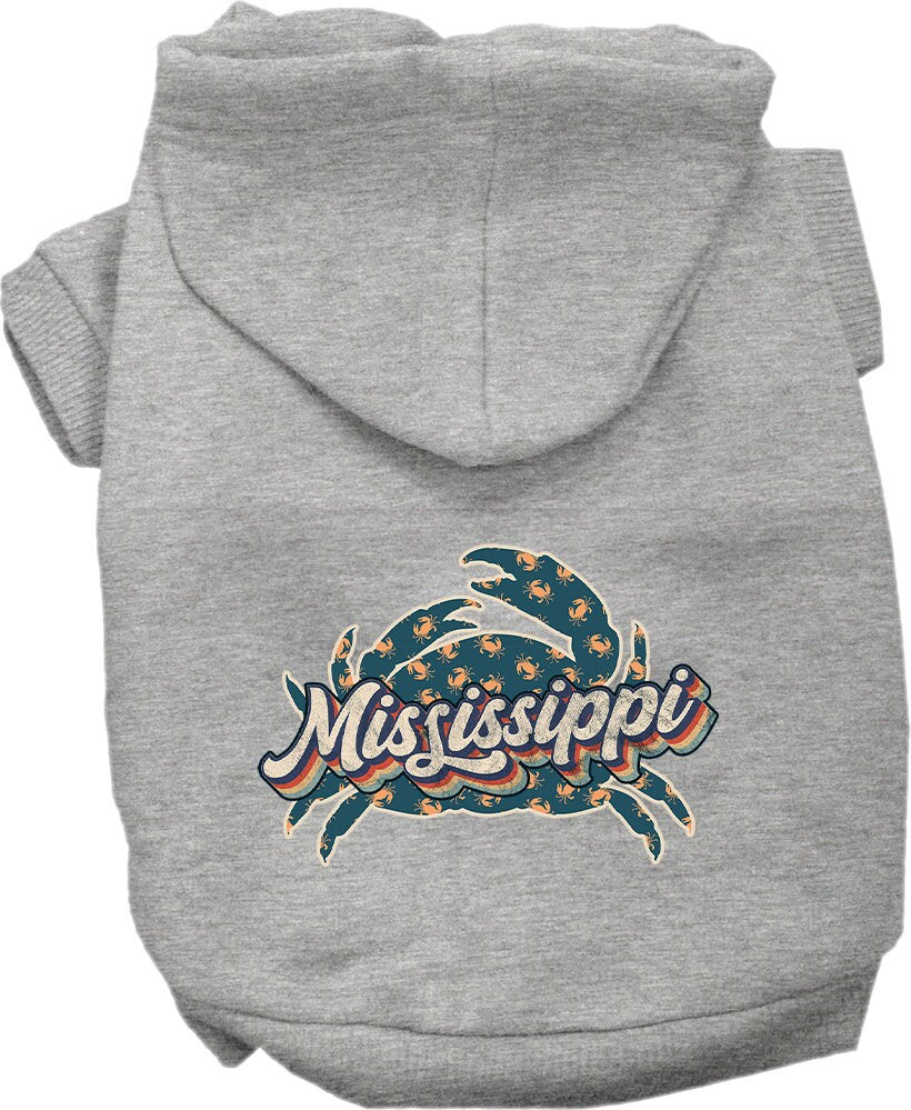 A cozy screen printed hoodie for small to medium pets featuring a Mississippi Retro Crabs design, perfect for dogs and cats.