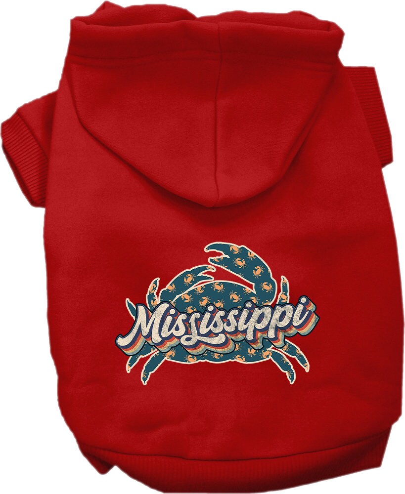 A cozy screen printed hoodie for small to medium pets featuring a Mississippi Retro Crabs design, perfect for dogs and cats.
