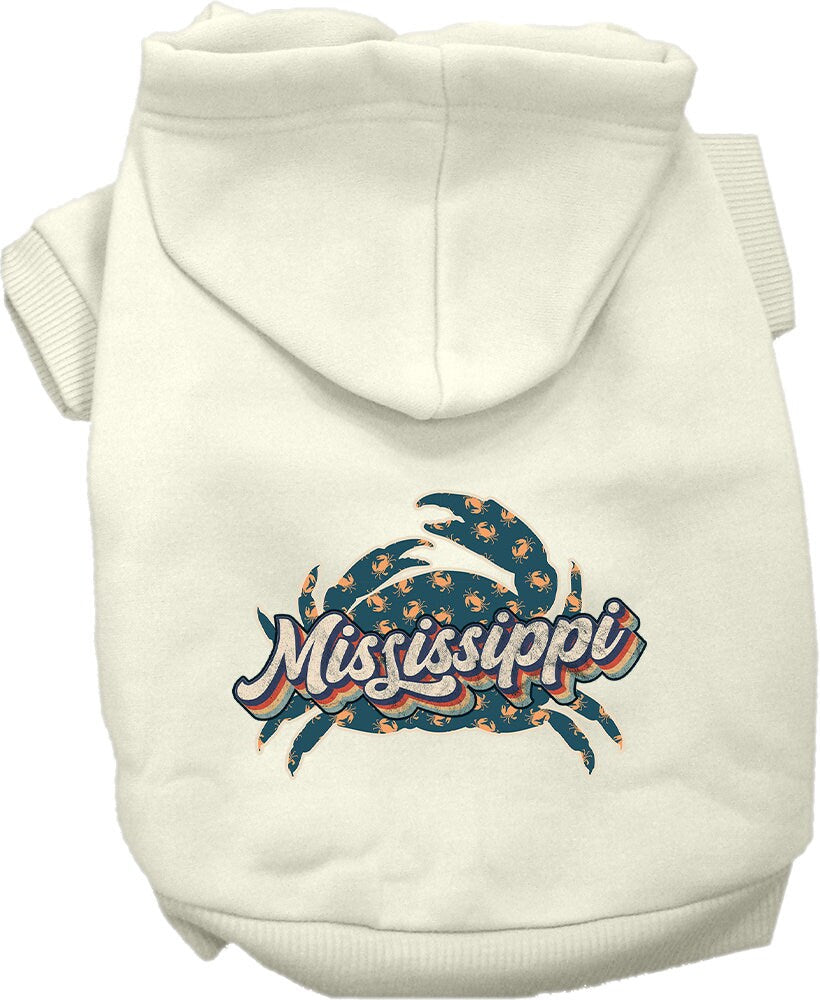 A cozy screen printed hoodie for small to medium pets featuring a Mississippi Retro Crabs design, perfect for dogs and cats.