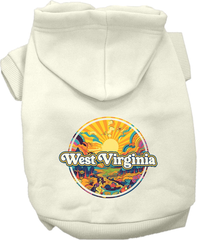 A small to medium pet wearing a cozy 'West Virginia Trippy Peaks' hoodie, showcasing its vibrant design and convenient leash access hole.