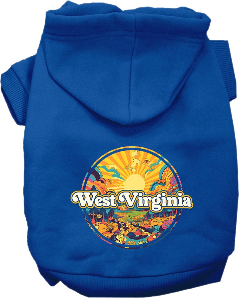 A small to medium pet wearing a cozy 'West Virginia Trippy Peaks' hoodie, showcasing its vibrant design and convenient leash access hole.