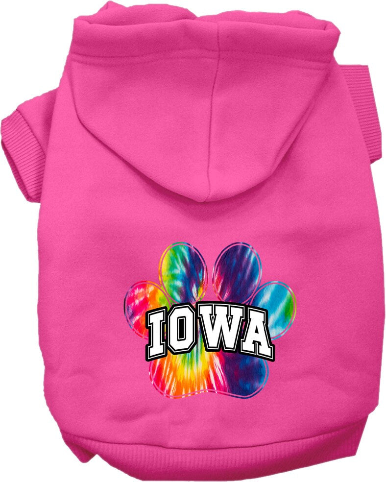A small to medium pet wearing a colorful Iowa Bright Tie Dye hoodie, showcasing its soft fabric and convenient leash access hole.