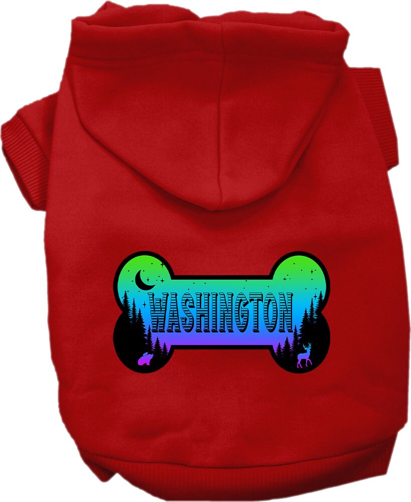 A cozy screen printed hoodie for small to medium pets, featuring a unique 'Washington Mountain Shades' design, perfect for walks and indoor lounging.