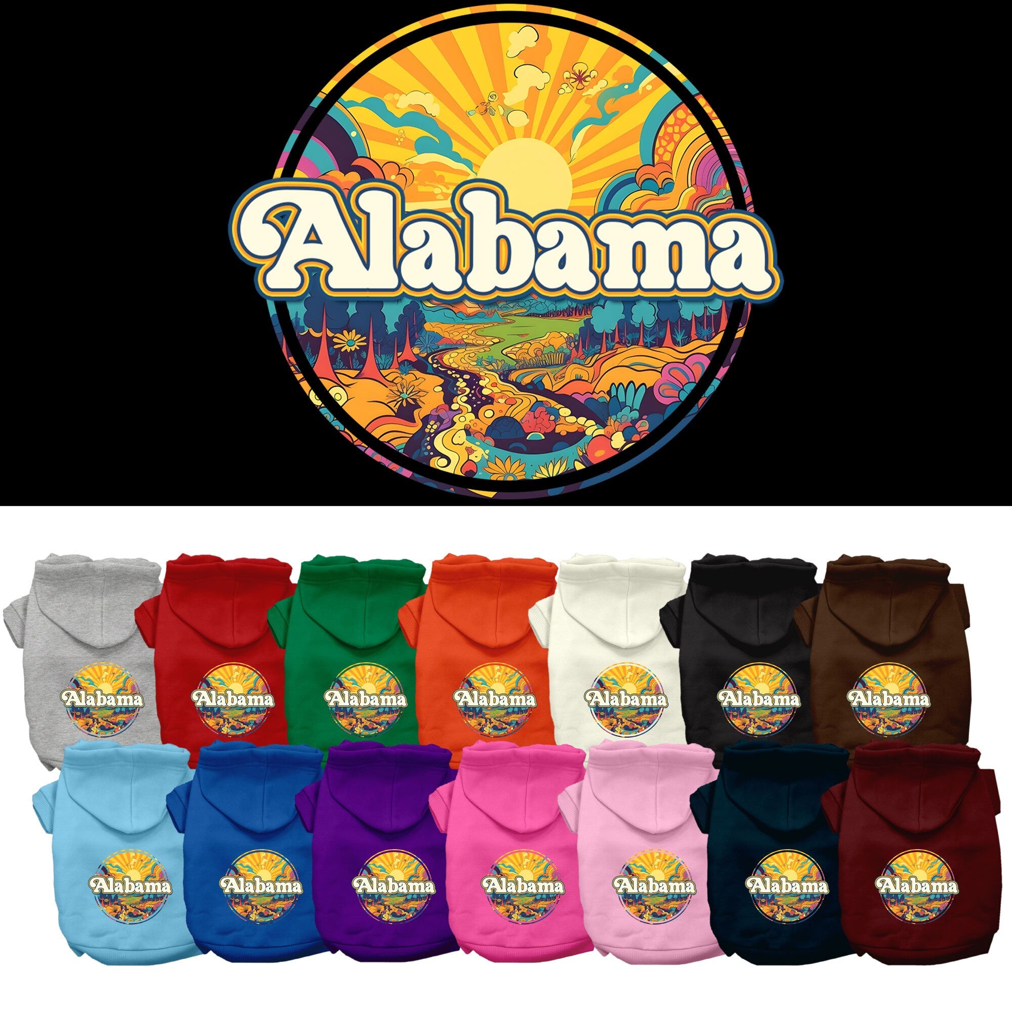 A cozy screen printed hoodie for small to medium pets, featuring the Alabama Trippy Peaks design, showcasing vibrant colors and a comfortable fit.