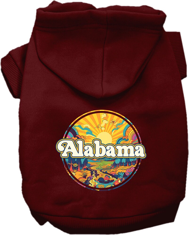 A cozy screen printed hoodie for small to medium pets, featuring the Alabama Trippy Peaks design, showcasing vibrant colors and a comfortable fit.