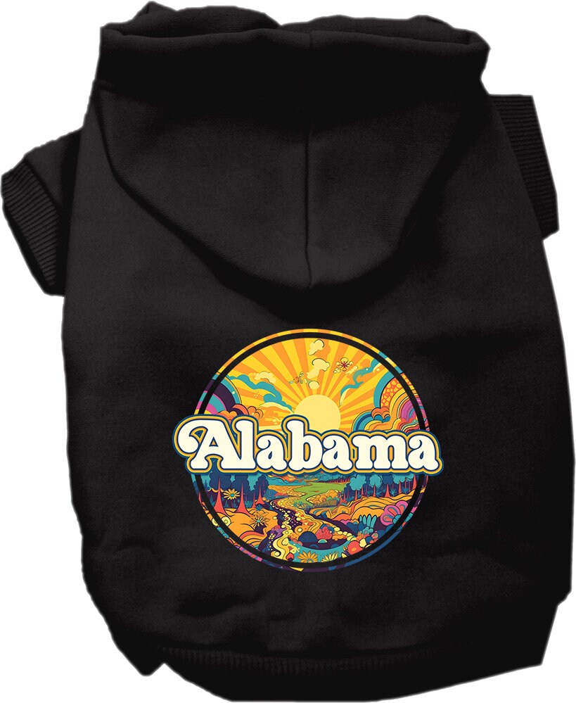 A cozy screen printed hoodie for small to medium pets, featuring the Alabama Trippy Peaks design, showcasing vibrant colors and a comfortable fit.