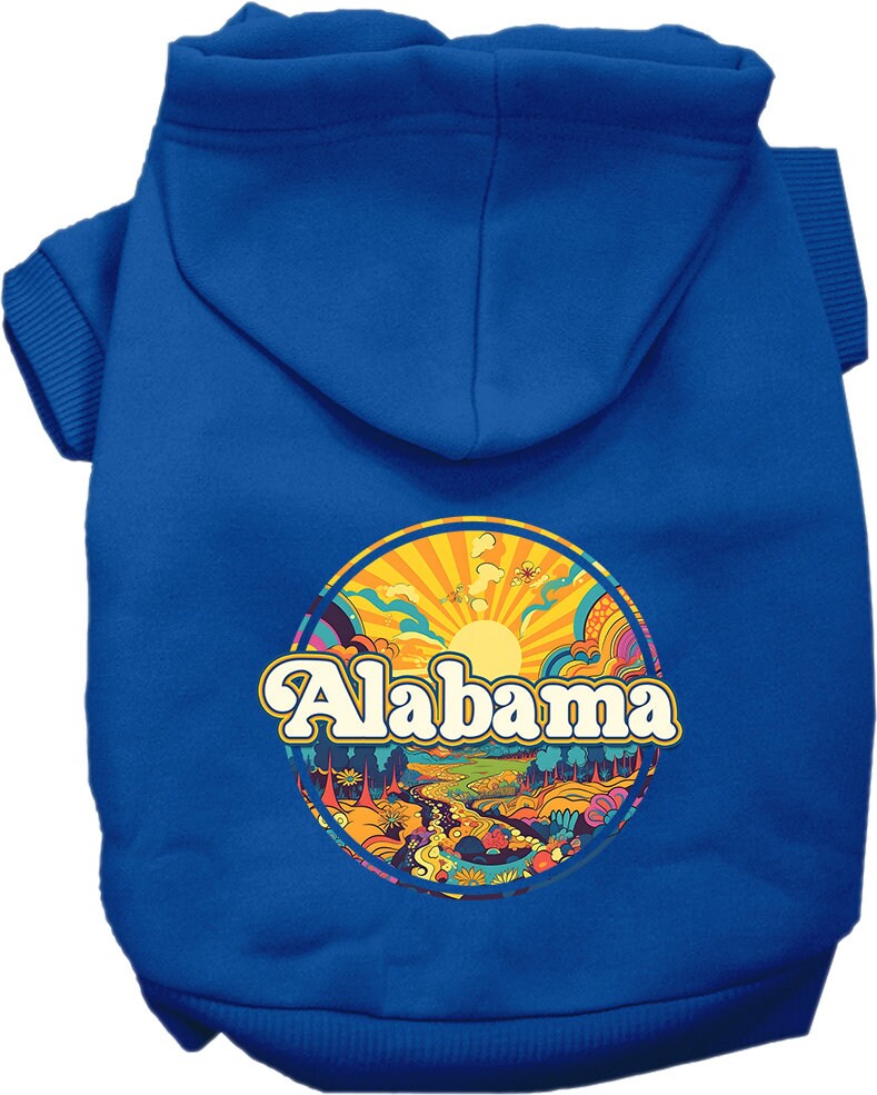 A cozy screen printed hoodie for small to medium pets, featuring the Alabama Trippy Peaks design, showcasing vibrant colors and a comfortable fit.