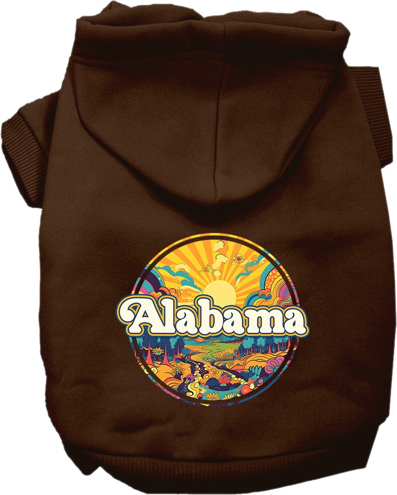 A cozy screen printed hoodie for small to medium pets, featuring the Alabama Trippy Peaks design, showcasing vibrant colors and a comfortable fit.