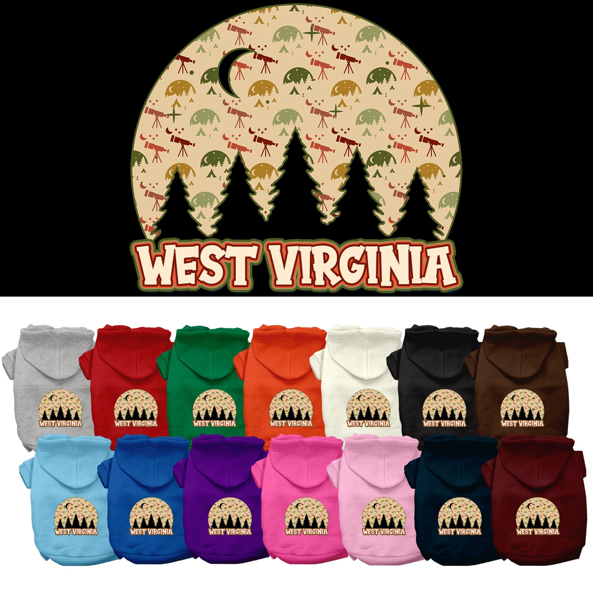 A cozy screen printed hoodie for small to medium pets featuring a 'West Virginia Under The Stars' design, perfect for stylish outdoor adventures.