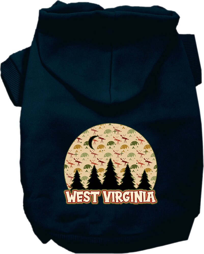 A cozy screen printed hoodie for small to medium pets featuring a 'West Virginia Under The Stars' design, perfect for stylish outdoor adventures.