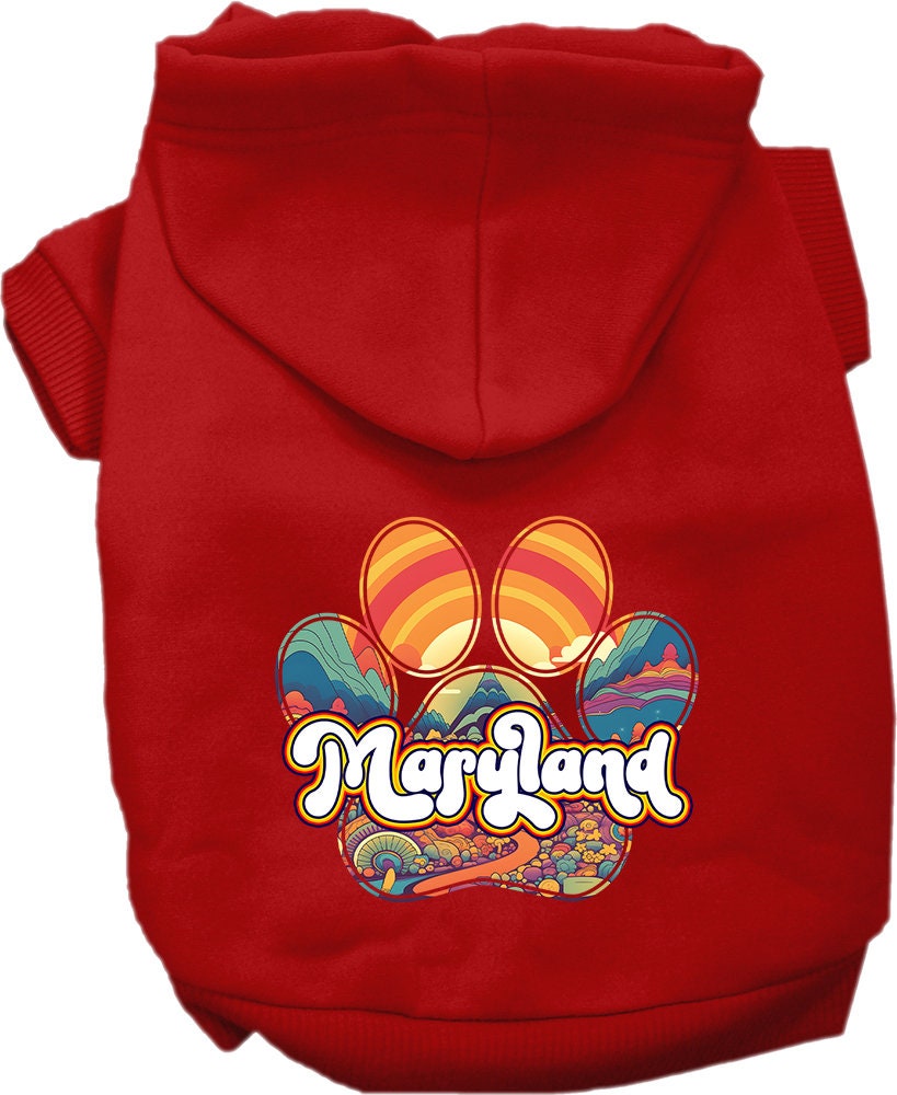 A small to medium pet wearing a Maryland Groovy Summit screen printed hoodie, showcasing its soft fabric and stylish design.